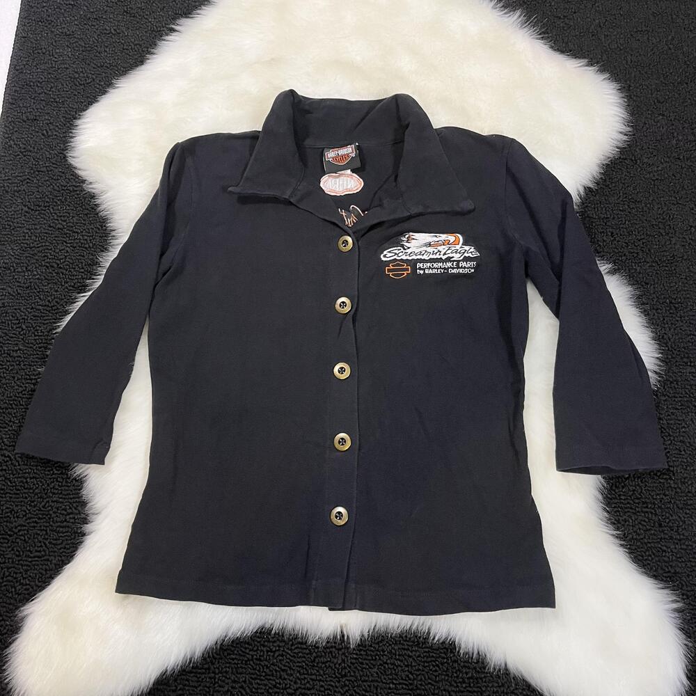 Harley Davidson Shirt Women Small Black Screaming Eagle Button Up NHRA Racing